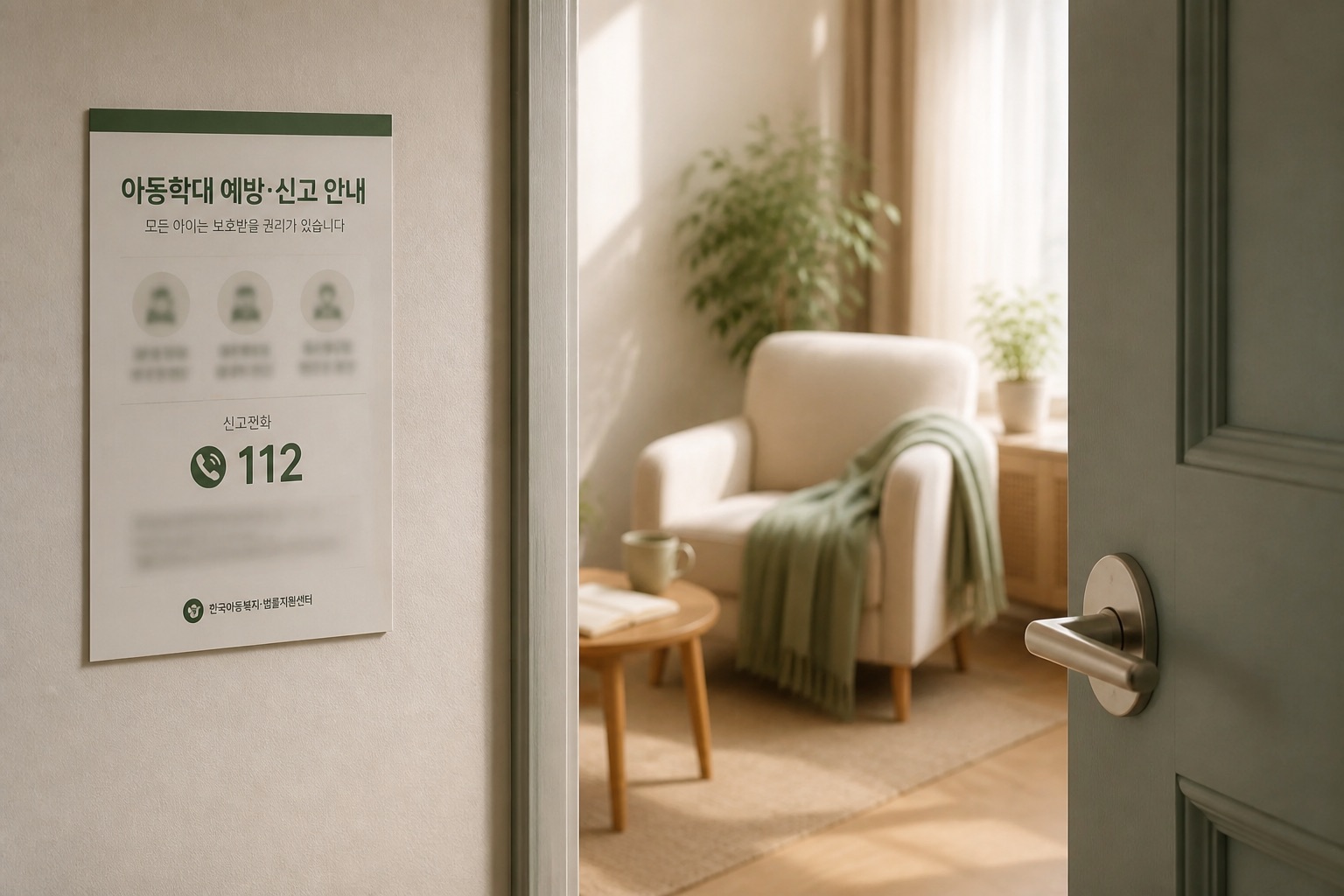 아동보호 안내문과 낮의 현관