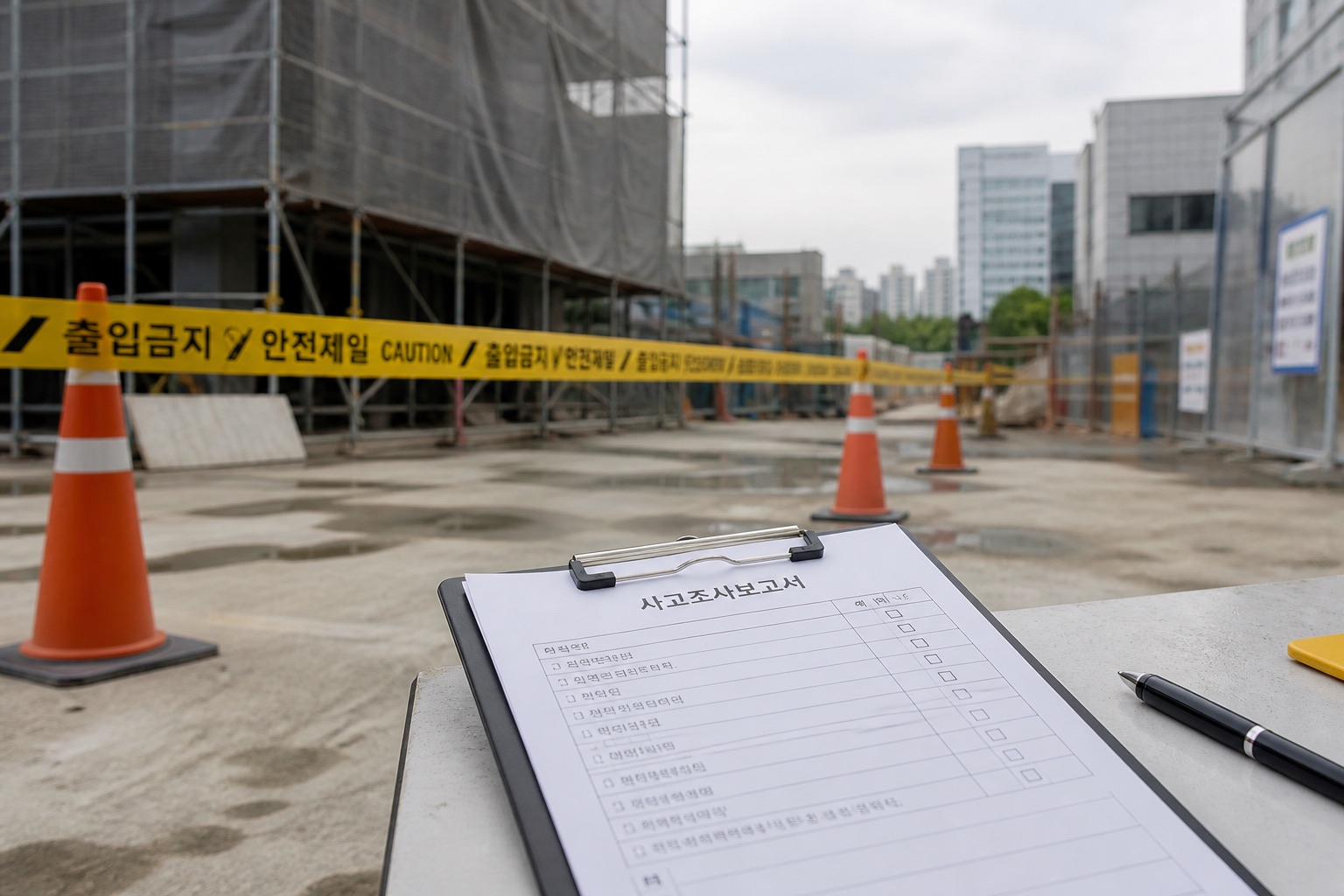 통제선이 있는 빈 현장과 보고 체크리스트